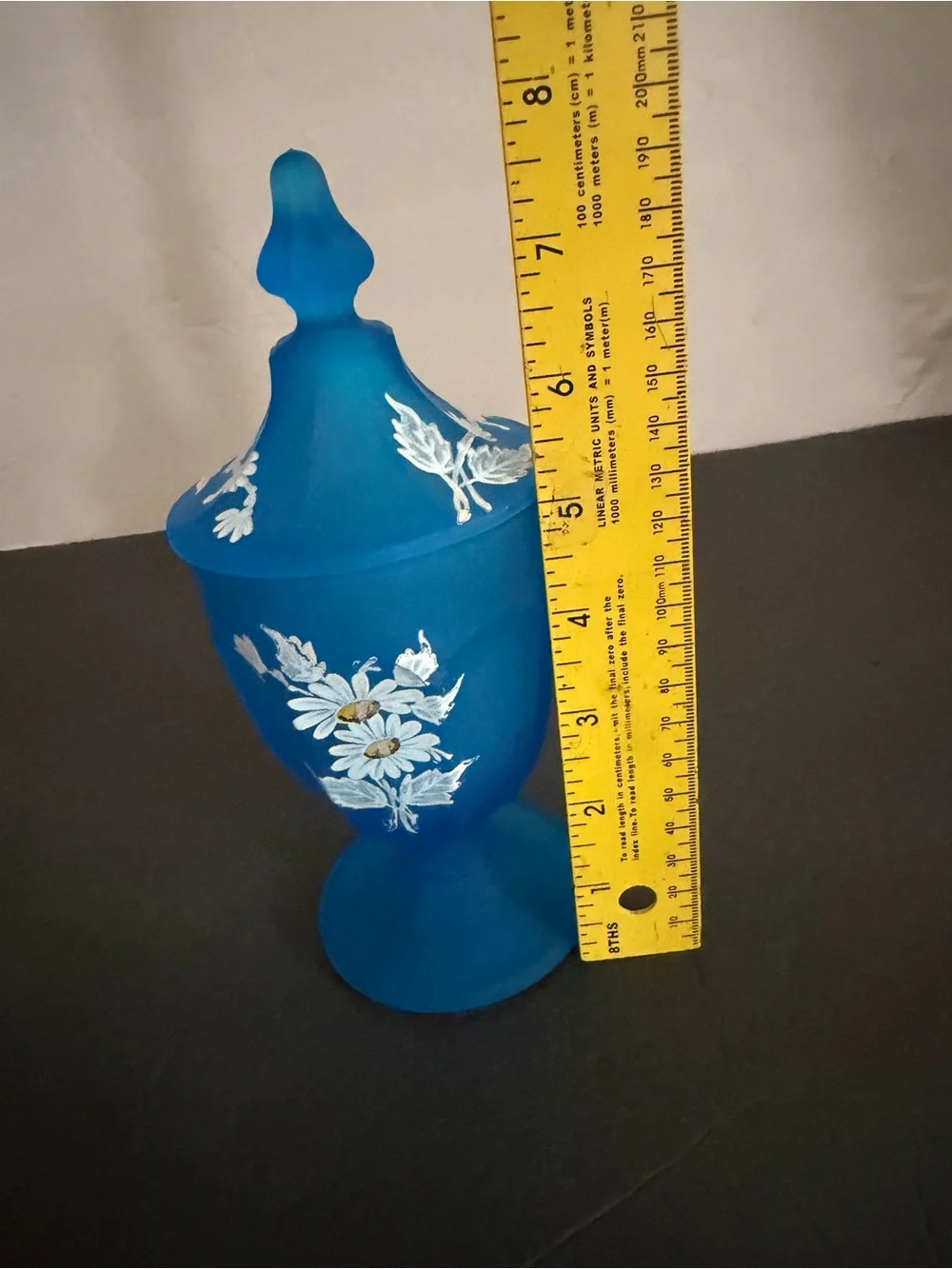 Blue Frosted Glass Apothecary Jar Lidded Hand-Painted White Daisies WESTMORELAND